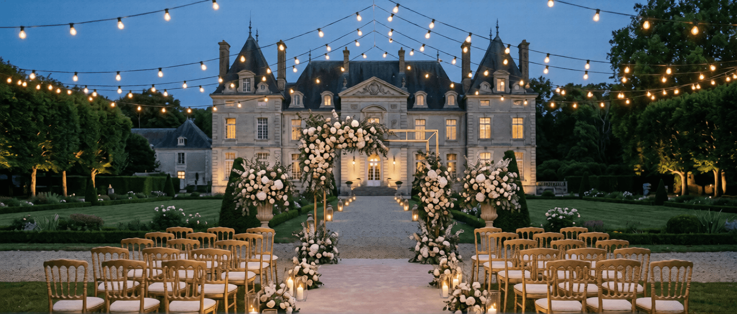 Svadobná brána s bielymi kvetmi v záhrade