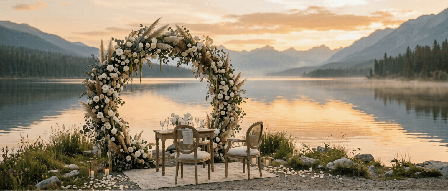Svadobná atmosféra pri jazere v pokojnom svetle