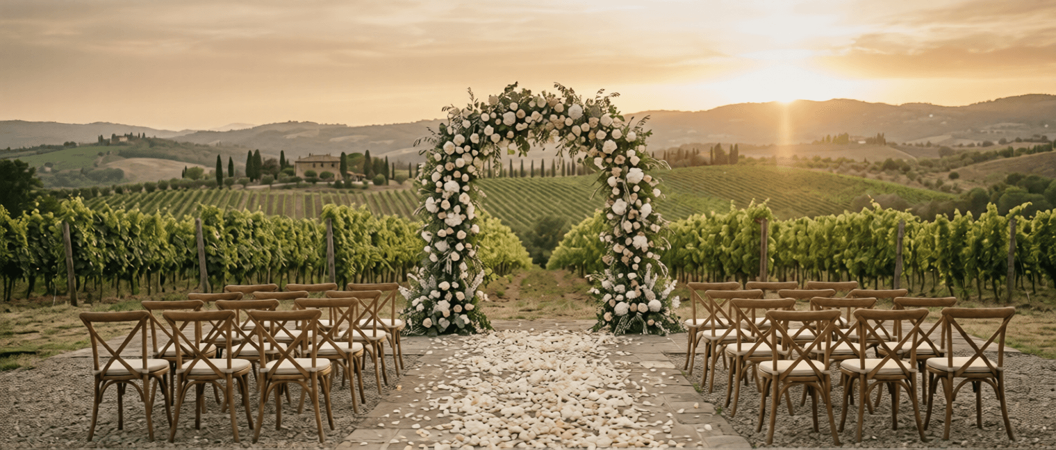 Svadba medzi vinicami pri západe slnka