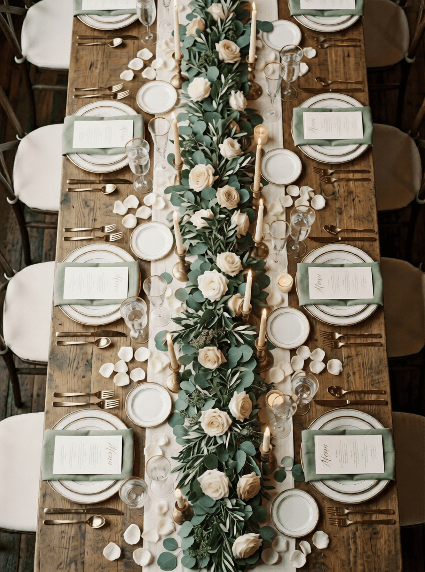 Slávnostne prestretý svadobný stôl s kvetinovou girlandou a sviečkami