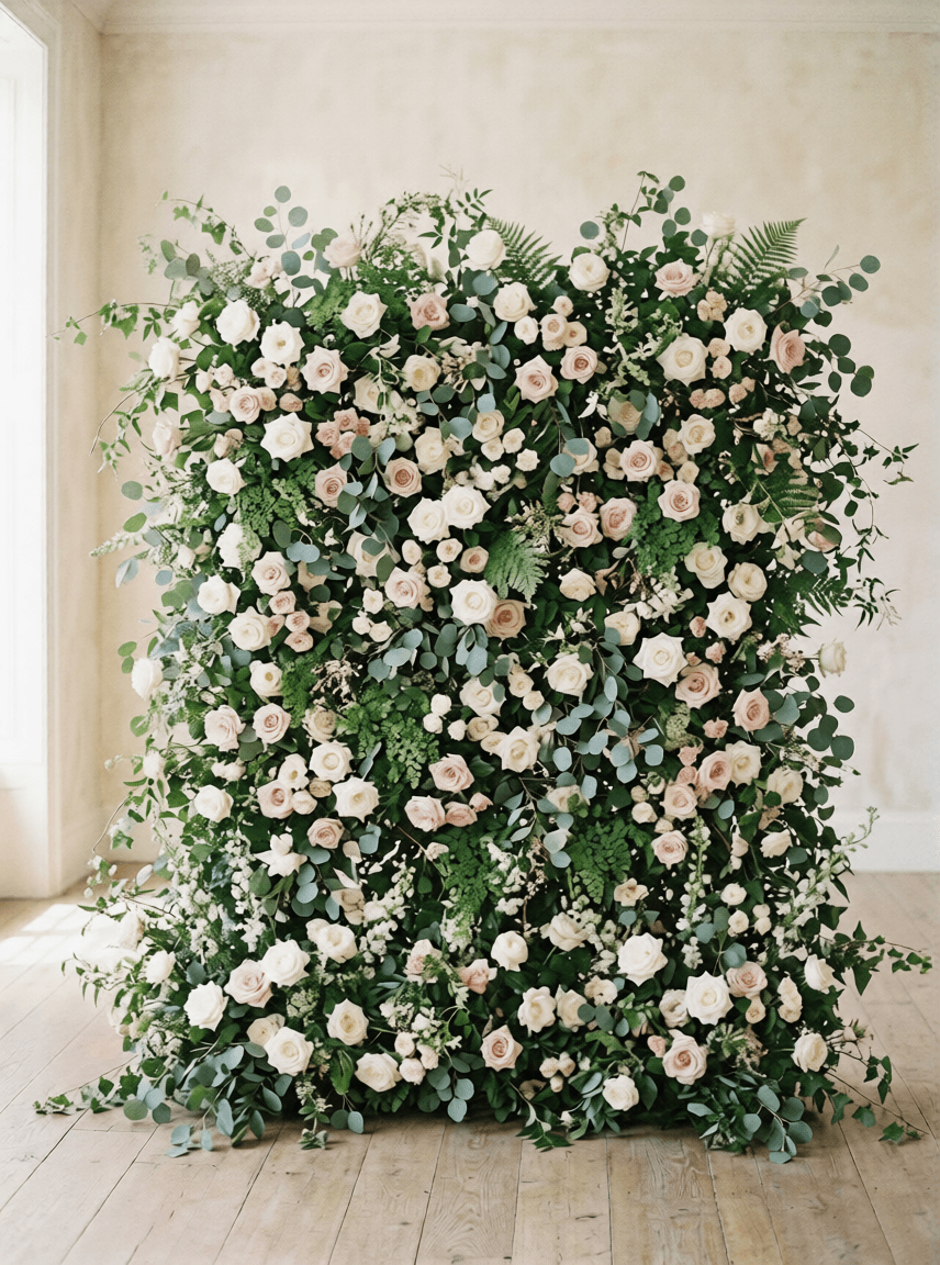 Kvetinová stena z ruží a eukalyptu ako svadobná foto zóna