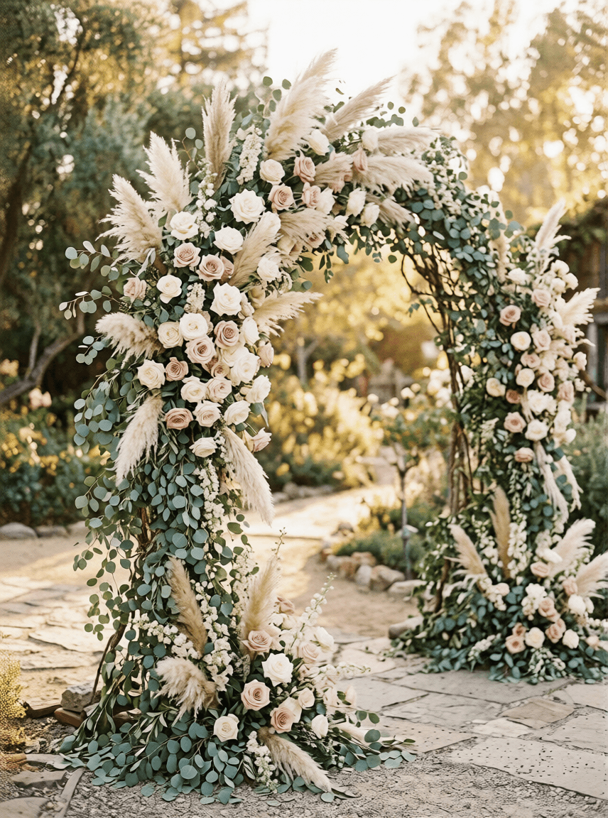 Svadobný kvetinový oblúk pripravený pre obrad