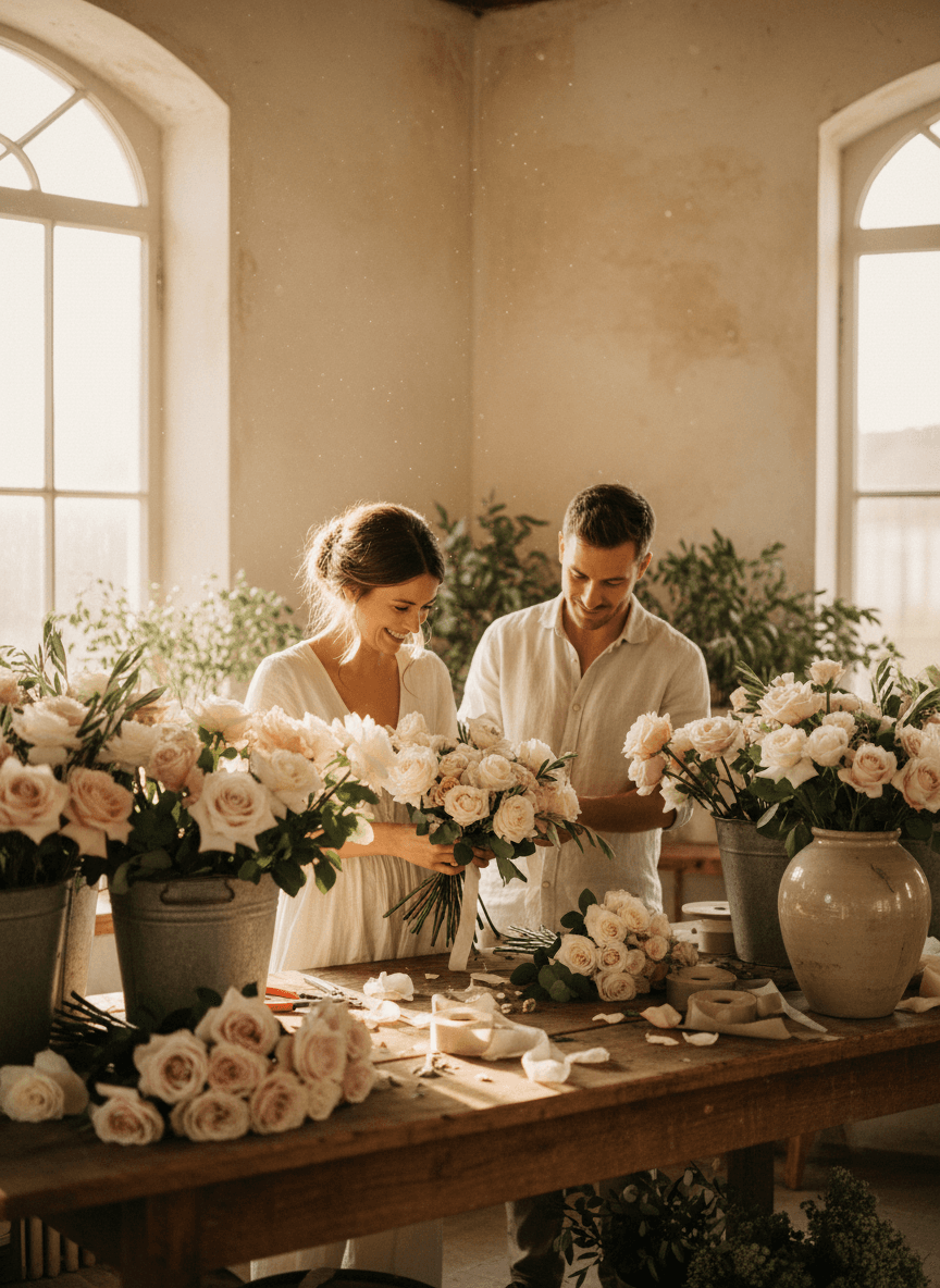 Iryna and Andrii holding a bouquet